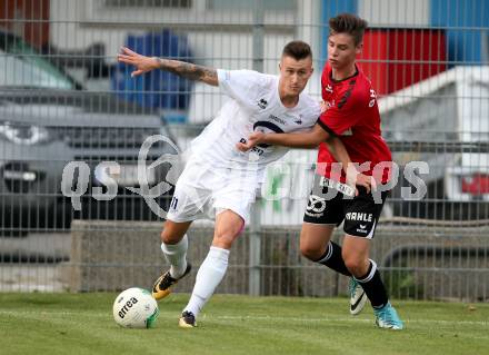 Fussball. Kaerntner Liga. SAK gegen St. Michael/Bleiburg. Jurinic Andrej,  (SAK), Samuel Markus Hoffmann  (St. Michael). Klagenfurt, 3.8.2018.
Foto: Kuess
---
pressefotos, pressefotografie, kuess, qs, qspictures, sport, bild, bilder, bilddatenbank