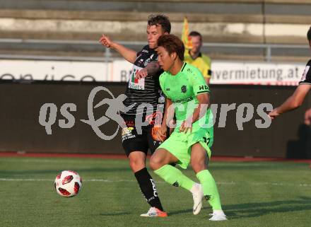Fussball Testspiel. RZ Pellets WAC gegen Hannover 96. Lukas Schmitz (WAC), Takuma Asano  (Hannover). Wolfsberg, am 1.8.2018.
Foto: Kuess
---
pressefotos, pressefotografie, kuess, qs, qspictures, sport, bild, bilder, bilddatenbank
