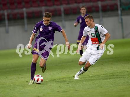 Fussball. 2. Liga. SK Austria Klagenfurt gegen FC Wacker Innsbruck II. Benedikt Pichler (Austria Klagenfurt), Murat Satin  (Innsbruck). Klagenfurt, 17.8.2018.
Foto: Kuess
---
pressefotos, pressefotografie, kuess, qs, qspictures, sport, bild, bilder, bilddatenbank