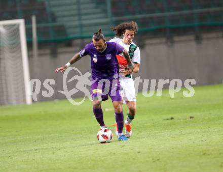 Fussball. 2. Liga. SK Austria Klagenfurt gegen FC Wacker Innsbruck II. Philipp Huetter (Austria Klagenfurt),  Matthaeus Taferner (Innsbruck). Klagenfurt, 17.8.2018.
Foto: Kuess
---
pressefotos, pressefotografie, kuess, qs, qspictures, sport, bild, bilder, bilddatenbank