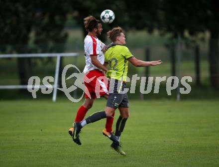 Fussball. Kaerntner Liga. Lind gegen Woelfnitz.  Sven Unterguggenberger (Lind), Florian Bidovec  (Woelfnitz). Lind, 18.8.2018.
Foto: Kuess
---
pressefotos, pressefotografie, kuess, qs, qspictures, sport, bild, bilder, bilddatenbank