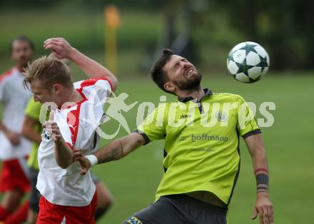 Fussball. Kaerntner Liga. Lind gegen Woelfnitz. Peter Stojanovic (Lind),  Andreas Walcher (Woelfnitz). Lind, 18.8.2018.
Foto: Kuess
---
pressefotos, pressefotografie, kuess, qs, qspictures, sport, bild, bilder, bilddatenbank