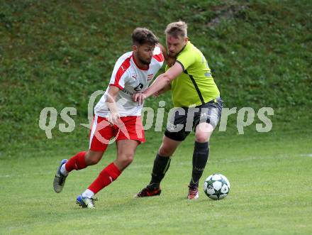 Fussball. Kaerntner Liga. Lind gegen Woelfnitz. Peter Pleschberger (Lind),  Edmand Reka (Woelfnitz). Lind, 18.8.2018.
Foto: Kuess
---
pressefotos, pressefotografie, kuess, qs, qspictures, sport, bild, bilder, bilddatenbank