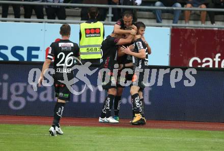 Fussball tipico Bundesliga. RZ Pellets WAC gegen SK Puntigamer Sturm Graz.  Torjubel Marc Andre Schmerboeck, Manfred Gollner, Mario Leitgeb, Michael Liendl, Michael Sollbauer (WAC). Wolfsberg, am 25.8.2018.
Foto: Kuess

---
pressefotos, pressefotografie, kuess, qs, qspictures, sport, bild, bilder, bilddatenbank