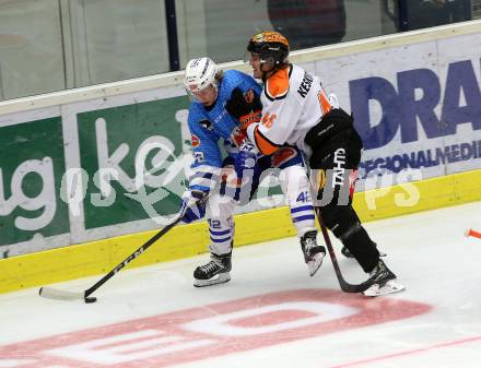 Eishockey Testspiel. EC VSV gegen KooKoo. Benjamin Lanzinger, (VSV),  Miro Keskitalo (KooKoo). Villach, am 1.9.2018.
Foto: Kuess 


---
pressefotos, pressefotografie, kuess, qs, qspictures, sport, bild, bilder, bilddatenbank