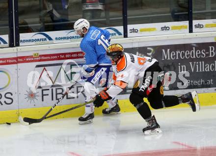 Eishockey Testspiel. EC VSV gegen KooKoo. Sharp McGregor,  (VSV), Anrei Hakulinen (KooKoo). Villach, am 1.9.2018.
Foto: Kuess 


---
pressefotos, pressefotografie, kuess, qs, qspictures, sport, bild, bilder, bilddatenbank