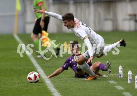 Fussball 2. Liga. SK Austria Klagenfurt gegen Young Violets Austria Wien. Daniel Steinwender,  (Klagenfurt), Florian Hainka (Young Violets). Klagenfurt, am 2.9.2018.
Foto: Kuess
---
pressefotos, pressefotografie, kuess, qs, qspictures, sport, bild, bilder, bilddatenbank