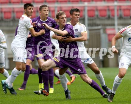 Fussball 2. Liga. SK Austria Klagenfurt gegen Young Violets Austria Wien. Scott Fitzgerald Kennedy, (Klagenfurt), Esad Bejic  (Young Violets). Klagenfurt, am 2.9.2018.
Foto: Kuess
---
pressefotos, pressefotografie, kuess, qs, qspictures, sport, bild, bilder, bilddatenbank