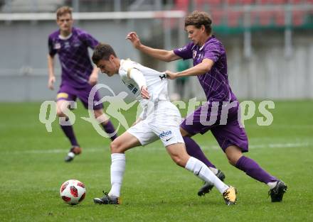 Fussball 2. Liga. SK Austria Klagenfurt gegen Young Violets Austria Wien. Patrick Greil,  (Klagenfurt), Florian Hainka (Young Violets). Klagenfurt, am 2.9.2018.
Foto: Kuess
---
pressefotos, pressefotografie, kuess, qs, qspictures, sport, bild, bilder, bilddatenbank