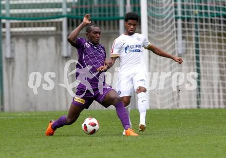 Fussball 2. Liga. SK Austria Klagenfurt gegen Young Violets Austria Wien. Ousseini Nji Mfifen Mounpain, (Klagenfurt),  Ewandro Felipe De Lima Costa	 (Young Violets). Klagenfurt, am 2.9.2018.
Foto: Kuess
---
pressefotos, pressefotografie, kuess, qs, qspictures, sport, bild, bilder, bilddatenbank