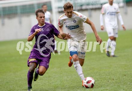 Fussball 2. Liga. SK Austria Klagenfurt gegen Young Violets Austria Wien. Daniel Steinwender,  (Klagenfurt), David Cancola (Young Violets). Klagenfurt, am 2.9.2018.
Foto: Kuess
---
pressefotos, pressefotografie, kuess, qs, qspictures, sport, bild, bilder, bilddatenbank