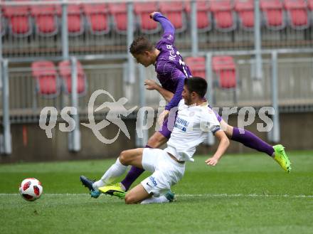 Fussball 2. Liga. SK Austria Klagenfurt gegen Young Violets Austria Wien. Benedikt Pichler,   (Klagenfurt), Stefan Jonovic (Young Violets). Klagenfurt, am 2.9.2018.
Foto: Kuess
---
pressefotos, pressefotografie, kuess, qs, qspictures, sport, bild, bilder, bilddatenbank