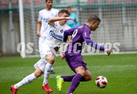 Fussball 2. Liga. SK Austria Klagenfurt gegen Young Violets Austria Wien. Benedikt Pichler, (Klagenfurt),  Aleksandar Jukic (Young Violets). Klagenfurt, am 2.9.2018.
Foto: Kuess
---
pressefotos, pressefotografie, kuess, qs, qspictures, sport, bild, bilder, bilddatenbank