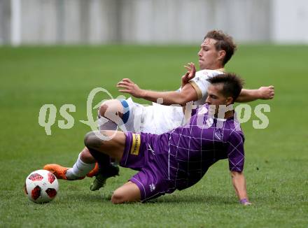 Fussball 2. Liga. SK Austria Klagenfurt gegen Young Violets Austria Wien. Daniel Steinwender,  (Klagenfurt), David Cancola (Young Violets). Klagenfurt, am 2.9.2018.
Foto: Kuess
---
pressefotos, pressefotografie, kuess, qs, qspictures, sport, bild, bilder, bilddatenbank