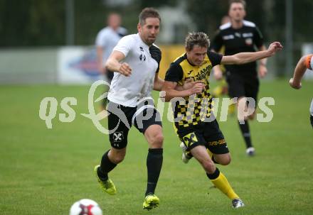 Fussball 1. Klasse D. Griffen gegen Haimburg. Kevin Rutter, (Griffen),  Florian Baumann  (Haimburg). Griffen, am 1.9.2018.
Foto: Kuess
---
pressefotos, pressefotografie, kuess, qs, qspictures, sport, bild, bilder, bilddatenbank