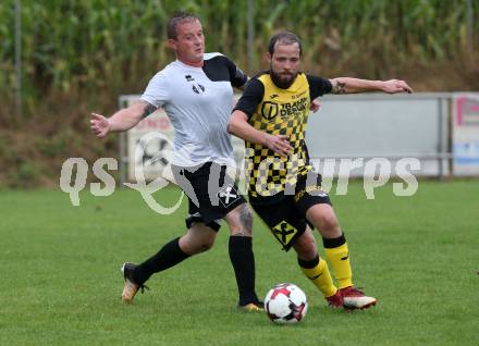 Fussball 1. Klasse D. Griffen gegen Haimburg. Markus Sauerschnig,  (Griffen),  Andreas Schuschou (Haimburg). Griffen, am 1.9.2018.
Foto: Kuess
---
pressefotos, pressefotografie, kuess, qs, qspictures, sport, bild, bilder, bilddatenbank