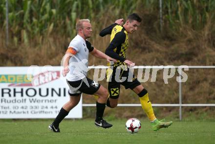 Fussball 1. Klasse D. Griffen gegen Haimburg. Mirel Sinanovic, (Griffen),  Michael Brunner (Haimburg). Griffen, am 1.9.2018.
Foto: Kuess
---
pressefotos, pressefotografie, kuess, qs, qspictures, sport, bild, bilder, bilddatenbank