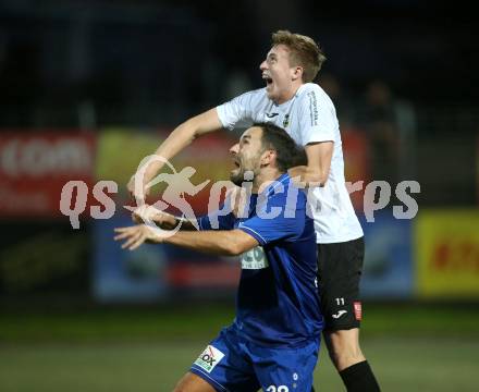 Fussball Kaerntner Liga. SV Spittal gegen ATSV Wolfsberg. Raphael Willibald Glanznig, (Spittal), Lovro Plimon  (Wolfsberg). Spittal, am 8.9.2018.
Foto: Kuess
---
pressefotos, pressefotografie, kuess, qs, qspictures, sport, bild, bilder, bilddatenbank