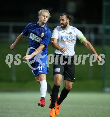 Fussball Kaerntner Liga. SV Spittal gegen ATSV Wolfsberg. Daniel Trupp, (Spittal), Marcel Maximilian Stoni  (Wolfsberg). Spittal, am 8.9.2018.
Foto: Kuess
---
pressefotos, pressefotografie, kuess, qs, qspictures, sport, bild, bilder, bilddatenbank