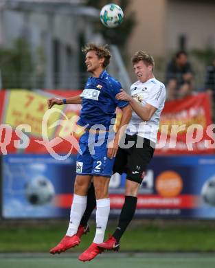 Fussball Kaerntner Liga. SV Spittal gegen ATSV Wolfsberg. Raphael Willibald Glanznig,  (Spittal), Moritz Guetz (Wolfsberg). Spittal, am 8.9.2018.
Foto: Kuess
---
pressefotos, pressefotografie, kuess, qs, qspictures, sport, bild, bilder, bilddatenbank