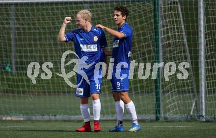 Fussball Kaerntner Liga. SV Spittal gegen ATSV Wolfsberg. Torjubel Marcel Maximilian Stoni, Bastian Rupp  (Wolfsberg). Spittal, am 8.9.2018.
Foto: Kuess
---
pressefotos, pressefotografie, kuess, qs, qspictures, sport, bild, bilder, bilddatenbank