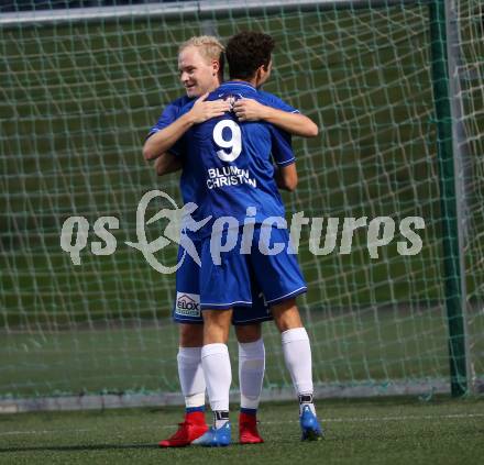 Fussball Kaerntner Liga. SV Spittal gegen ATSV Wolfsberg. Torjubel Marcel Maximilian Stoni, Bastian Rupp  (Wolfsberg). Spittal, am 8.9.2018.
Foto: Kuess
---
pressefotos, pressefotografie, kuess, qs, qspictures, sport, bild, bilder, bilddatenbank