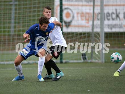 Fussball Kaerntner Liga. SV Spittal gegen ATSV Wolfsberg. Tobias Klug,  (Spittal), Bastian Rupp (Wolfsberg). Spittal, am 8.9.2018.
Foto: Kuess
---
pressefotos, pressefotografie, kuess, qs, qspictures, sport, bild, bilder, bilddatenbank
