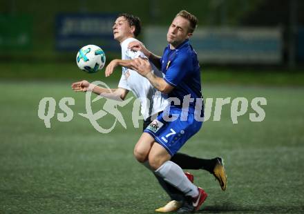Fussball Kaerntner Liga. SV Spittal gegen ATSV Wolfsberg. Felix Helmut Hutter, (Spittal), Mathias Moitzi  (Wolfsberg). Spittal, am 8.9.2018.
Foto: Kuess
---
pressefotos, pressefotografie, kuess, qs, qspictures, sport, bild, bilder, bilddatenbank