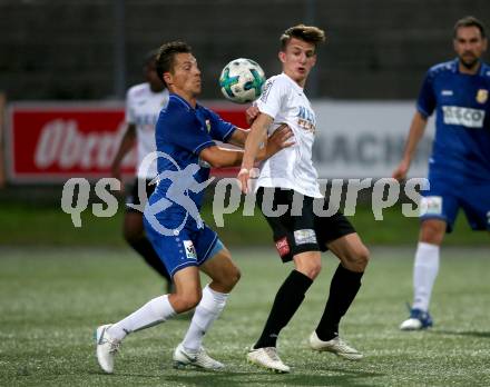 Fussball Kaerntner Liga. SV Spittal gegen ATSV Wolfsberg. Michael Oberwinkler,  (Spittal), Rene Pascal Seebacher (Wolfsberg). Spittal, am 8.9.2018.
Foto: Kuess
---
pressefotos, pressefotografie, kuess, qs, qspictures, sport, bild, bilder, bilddatenbank