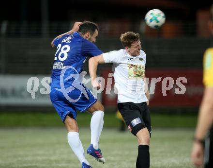 Fussball Kaerntner Liga. SV Spittal gegen ATSV Wolfsberg. Raphael Willibald Glanznig,  (Spittal), Lovro Plimon (Wolfsberg). Spittal, am 8.9.2018.
Foto: Kuess
---
pressefotos, pressefotografie, kuess, qs, qspictures, sport, bild, bilder, bilddatenbank