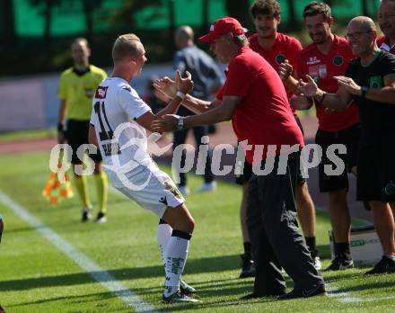 Fussball tipico Bundesliga. RZ Pellets WAC gegen FC Wacker Innsbruck.  Torjubel Martin Harrer, Trainer Karl Daxbacher (Innsbruck). Wolfsberg, am 16.9.2018.
Foto: Kuess

---
pressefotos, pressefotografie, kuess, qs, qspictures, sport, bild, bilder, bilddatenbank