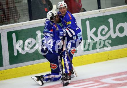EBEL. Eishockey Bundesliga. EC VSV gegen KHL Medvescak Zagreb. Torjubel Brandon Alderson, Christof Kromp (VSV). Villach, am 1.9.2018.
Foto: Kuess 


---
pressefotos, pressefotografie, kuess, qs, qspictures, sport, bild, bilder, bilddatenbank