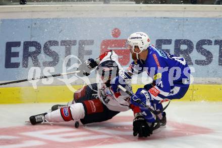EBEL. Eishockey Bundesliga. EC VSV gegen KHL Medvescak Zagreb. Jamie Fraser,  (VSV), Sebastien Sylvestre (Zagreb). Villach, am 1.9.2018.
Foto: Kuess 


---
pressefotos, pressefotografie, kuess, qs, qspictures, sport, bild, bilder, bilddatenbank