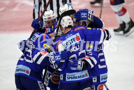 EBEL. Eishockey Bundesliga. EC VSV gegen KHL Medvescak Zagreb. Torjubel Jerry Pollastrone, MacGregor Sharp, Bernd Wolf, Markus Schlacher (VSV). Villach, am 1.9.2018.
Foto: Kuess 


---
pressefotos, pressefotografie, kuess, qs, qspictures, sport, bild, bilder, bilddatenbank