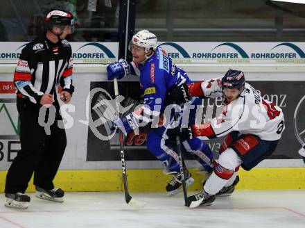 EBEL. Eishockey Bundesliga. EC VSV gegen KHL Medvescak Zagreb. Christof Kromp, (VSV), Ivan Puzic  (Zagreb). Villach, am 1.9.2018.
Foto: Kuess 


---
pressefotos, pressefotografie, kuess, qs, qspictures, sport, bild, bilder, bilddatenbank