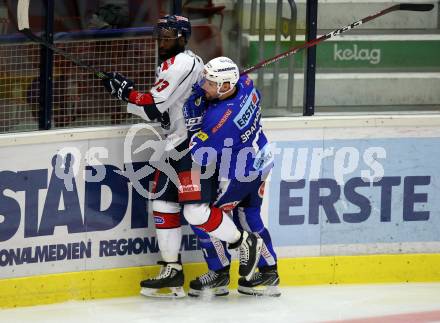 EBEL. Eishockey Bundesliga. EC VSV gegen KHL Medvescak Zagreb. Patrick Spannring, (VSV), Jordan Samuels-Thomas  (Zagreb). Villach, am 1.9.2018.
Foto: Kuess 


---
pressefotos, pressefotografie, kuess, qs, qspictures, sport, bild, bilder, bilddatenbank