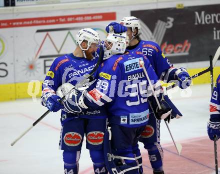 EBEL. Eishockey Bundesliga. EC VSV gegen KHL Medvescak Zagreb. Jubel Fraser Jamie, Bakala Dan, Winkler Thomas (VSV). Villach, am 1.9.2018.
Foto: Kuess 


---
pressefotos, pressefotografie, kuess, qs, qspictures, sport, bild, bilder, bilddatenbank