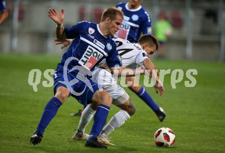 Fussball 2. Liga. SK Austria Klagenfurt gegen SC Wiener Neustadt. Daniel Steinwender, (Austria Klagenfurt), Stefan Hager   (Wiener Neustadt). Klagenfurt, am 23.9.2018.
Foto: Kuess
---
pressefotos, pressefotografie, kuess, qs, qspictures, sport, bild, bilder, bilddatenbank