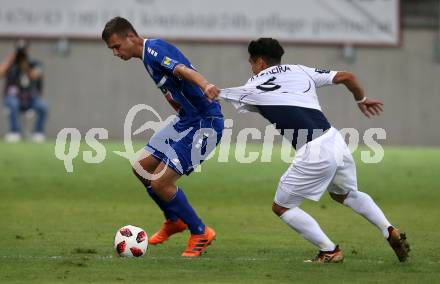 Fussball 2. Liga. SK Austria Klagenfurt gegen SC Wiener Neustadt. Maximiliano Moreira Romero, (Austria Klagenfurt),  Julian Peter Goelles  (Wiener Neustadt). Klagenfurt, am 23.9.2018.
Foto: Kuess
---
pressefotos, pressefotografie, kuess, qs, qspictures, sport, bild, bilder, bilddatenbank