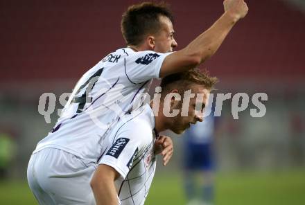 Fussball 2. Liga. SK Austria Klagenfurt gegen SC Wiener Neustadt. Torjubel Florian Jaritz, Daniel Steinwender (Austria Klagenfurt). Klagenfurt, am 23.9.2018.
Foto: Kuess
---
pressefotos, pressefotografie, kuess, qs, qspictures, sport, bild, bilder, bilddatenbank