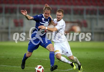 Fussball 2. Liga. SK Austria Klagenfurt gegen SC Wiener Neustadt. Markus Rusek, (Austria Klagenfurt),  Stefan Hager  (Wiener Neustadt). Klagenfurt, am 23.9.2018.
Foto: Kuess
---
pressefotos, pressefotografie, kuess, qs, qspictures, sport, bild, bilder, bilddatenbank