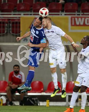 Fussball 2. Liga. SK Austria Klagenfurt gegen SC Wiener Neustadt. Markus Rusek, (Austria Klagenfurt), Hamdi Salihi   (Wiener Neustadt). Klagenfurt, am 23.9.2018.
Foto: Kuess
---
pressefotos, pressefotografie, kuess, qs, qspictures, sport, bild, bilder, bilddatenbank