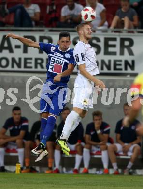 Fussball 2. Liga. SK Austria Klagenfurt gegen SC Wiener Neustadt. Markus Rusek, (Austria Klagenfurt), Alberto Prada-Vega   (Wiener Neustadt). Klagenfurt, am 23.9.2018.
Foto: Kuess
---
pressefotos, pressefotografie, kuess, qs, qspictures, sport, bild, bilder, bilddatenbank