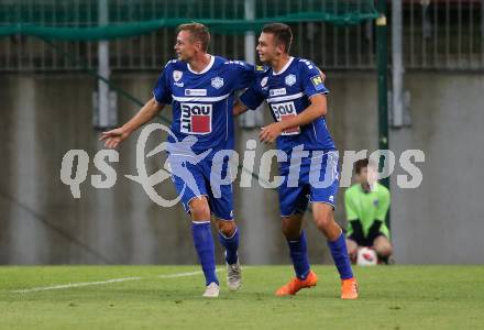 Fussball 2. Liga. SK Austria Klagenfurt gegen SC Wiener Neustadt. Torjubel Roman Kienast, Julian Peter Goelles (Wiener Neustadt). Klagenfurt, am 23.9.2018.
Foto: Kuess
---
pressefotos, pressefotografie, kuess, qs, qspictures, sport, bild, bilder, bilddatenbank