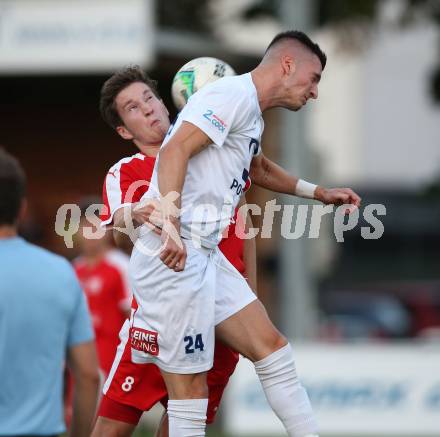 Fussball Kaerntner Liga. SAK gegen KAC 1909. Zoran Vukovic (SAK), Maximilian Hubert Watscher	(KAC). Klagenfurt, am 21.9.2018. Foto: Kuess
---
pressefotos, pressefotografie, kuess, qs, qspictures, sport, bild, bilder, bilddatenbank