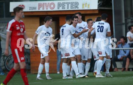 Fussball Kaerntner Liga. SAK gegen KAC 1909. Torjubel Zoran Vukovic, Marjan Koletnik, Amer Krcic, Alessandro Oraze, Roman Sadnek (SAK). Klagenfurt, am 21.9.2018. Foto: Kuess
---
pressefotos, pressefotografie, kuess, qs, qspictures, sport, bild, bilder, bilddatenbank