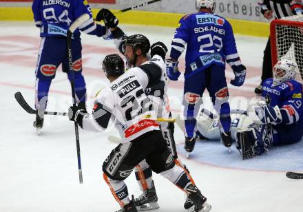 EBEL. Eishockey Bundesliga. EC VSV gegen DEC Dornbirn Bulldogs. Torjubel Kevin Macierzynski, Juuso Eemeli Pulli (Dornbirn). Villach, am 23.9.2018.
Foto: Kuess 


---
pressefotos, pressefotografie, kuess, qs, qspictures, sport, bild, bilder, bilddatenbank