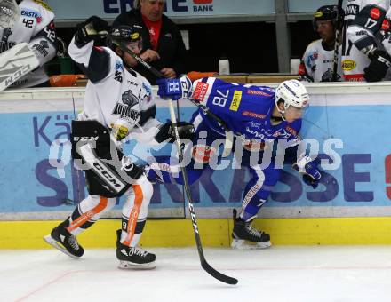 EBEL. Eishockey Bundesliga. EC VSV gegen DEC Dornbirn Bulldogs. Felix Maxa, (VSV), Brodie Dupont  (Dornbirn). Villach, am 23.9.2018.
Foto: Kuess 


---
pressefotos, pressefotografie, kuess, qs, qspictures, sport, bild, bilder, bilddatenbank