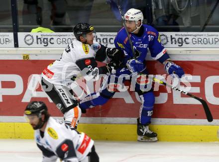 EBEL. Eishockey Bundesliga. EC VSV gegen DEC Dornbirn Bulldogs. Corey Trivono, (VSV), Olivier Magnan  (Dornbirn). Villach, am 23.9.2018.
Foto: Kuess 


---
pressefotos, pressefotografie, kuess, qs, qspictures, sport, bild, bilder, bilddatenbank