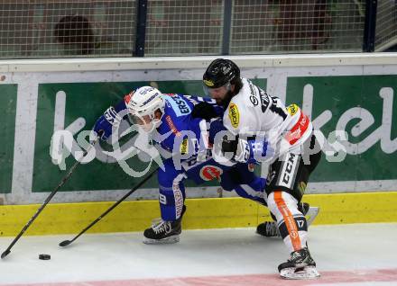 EBEL. Eishockey Bundesliga. EC VSV gegen DEC Dornbirn Bulldogs. Blaine Down, (VSV),  Scott Timmins  (Dornbirn). Villach, am 23.9.2018.
Foto: Kuess 


---
pressefotos, pressefotografie, kuess, qs, qspictures, sport, bild, bilder, bilddatenbank